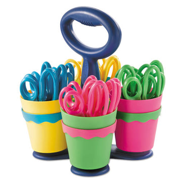 Westcott® Scissor Caddy With Kids' Scissors, 5" Long, 2" Cut Length, Light Blue; Light Green; Pink; Yellow, Straight Handles, 24-set freeshipping - TVN Wholesale